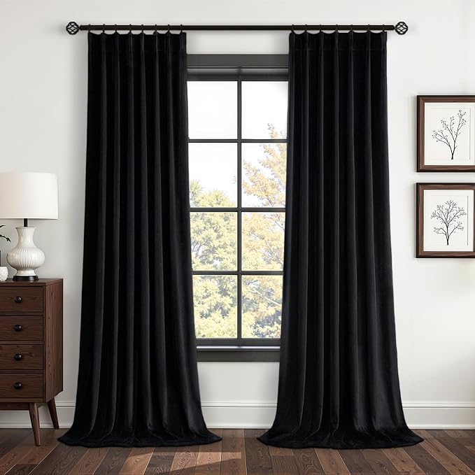 Black Velvet Pleated Curtains 108 inches Long by Unknown