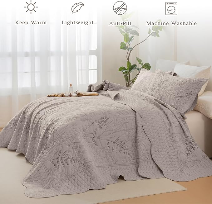 CozyTide Oversized King Bedspread 128x120, Linen Colored Botanical Leaves - Image 2