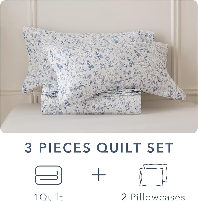 QSH Blue & White Floral Cotton Quilt Set Queen, 3 Pieces Botanical Flower - Image 6