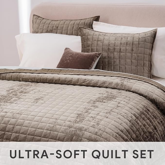 RECYCO Channel Box Stitch Velvet Quilt Set, Twin/Twin XL Size, Dune Brown | - Image 4