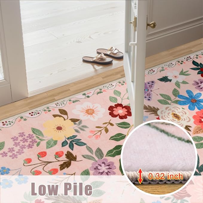 PLHXFR 2.6x8 Washable Runner Rug：Floral Indoor Kitchen Soft Carpet Beige | - Image 9