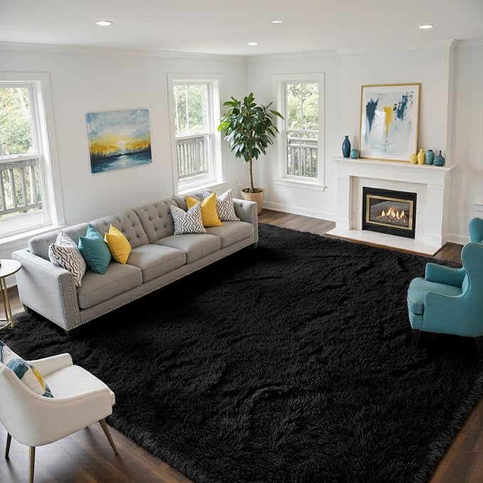 Black 9x12 Area Rugs for Living Room, Fluffy Shag Rug Large Bedroom Carpet | by Yongyangjuxi