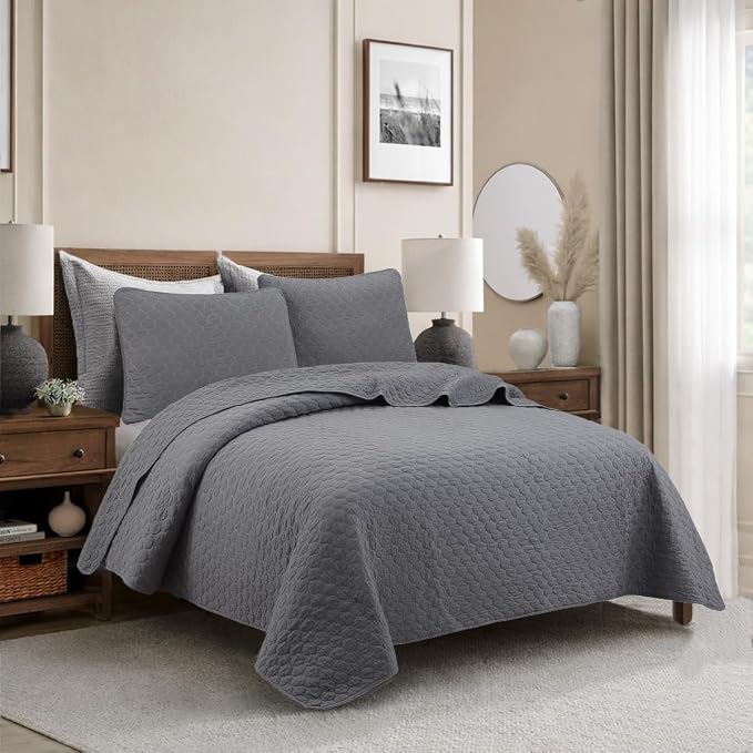 Cozy Line Home Fashions 100% Cotton Quilt Set – 3-Piece Charcoal Gray Solid - Image 2