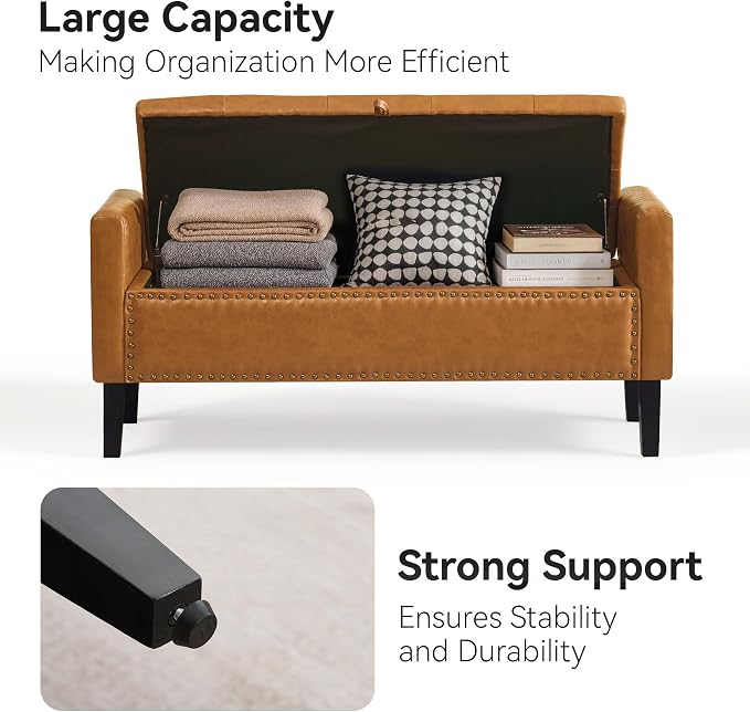 WUTUTUEE 47" Modern Water-Resistant Faux Leather Storage Ottoman Bench - Image 4