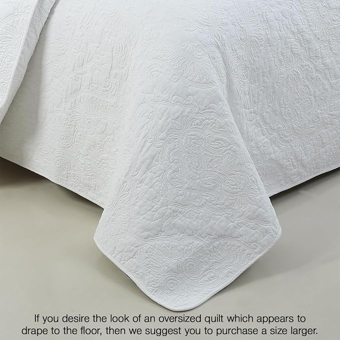 Cozy Line Home Fashions Solid White 100% Cotton Quilt Set, Queen | 3-Piece - Image 5