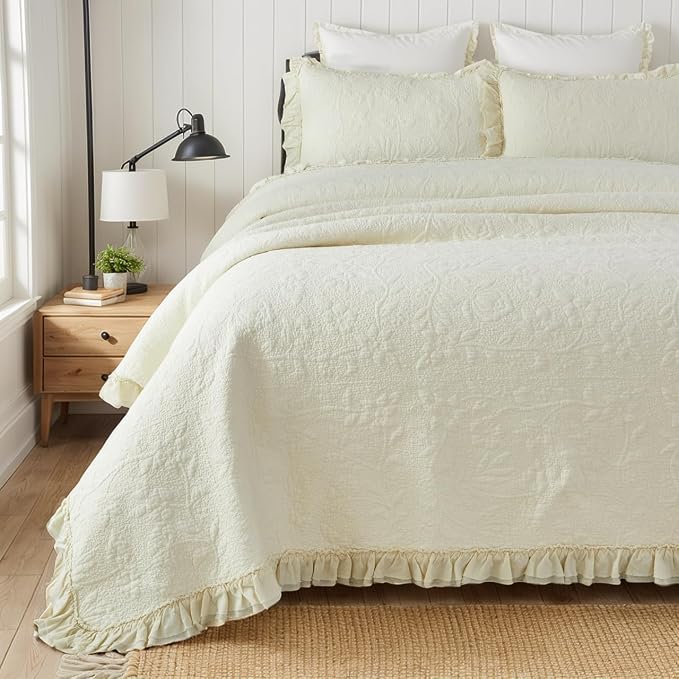 Brandream Cream Yellow White Quilt Set Queen Size Cotton Matelasse Bedding - Image 2