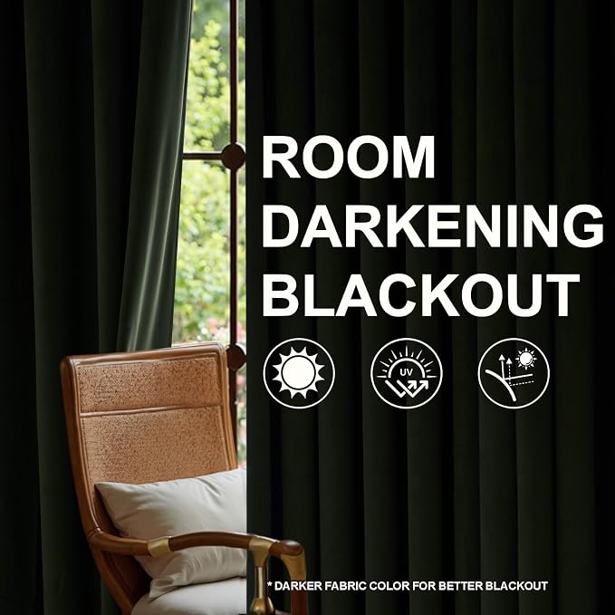 Hunter Green Velvet Pleated Blackout Curtains 108 Inches Long Room Darkening - Image 6