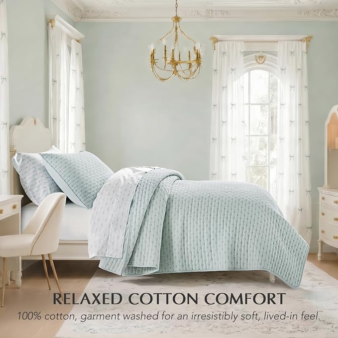 100% Cotton Cross Stitch Quilt Set, Seafoam Aqua | 100% Cotton, Elegant Cross - Image 2