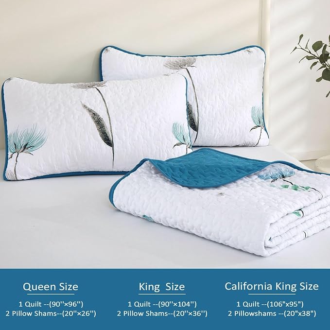 Dinjoy Floral Quilt Set Queen, Teal Fower Bedspread Coverlet Set 3 Pieces | - Image 5