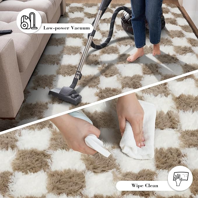 Beige and White 6x9 Area Rugs for Bedroom, Fluffy Shag Rug Bedside Carpet | - Image 7