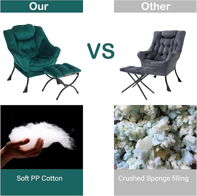Lazy Chair with Ottoman, Comfy Accent Reading Chair, Velvet Green | Foldable - Image 6