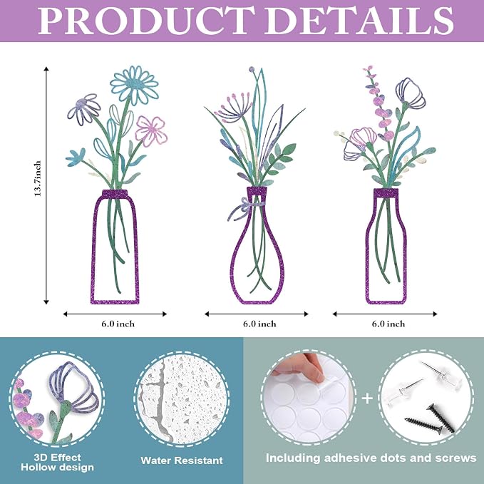 Pigort 3 Pieces Metal Flowers Wall Arts - Image 2