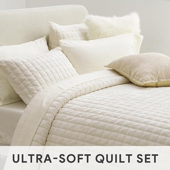 RECYCO Channel Box Stitch Velvet Quilt Set, Full Queen Size, Cream White | - Image 5