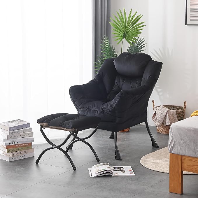 Lazy Chair with Ottoman, Comfy Accent Reading Chair, Velvet Black | Foldable - Image 8