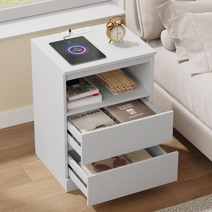 Nightstands Set of 2 with Charging Station, LED Lights and Drawer, Sofa Side - Image 4