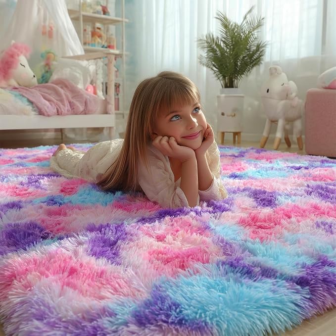 Rainbow Purple Rugs for Girls Bedoom 5x7 Ft, Fluffy Cute Colorful Pastel - Image 3