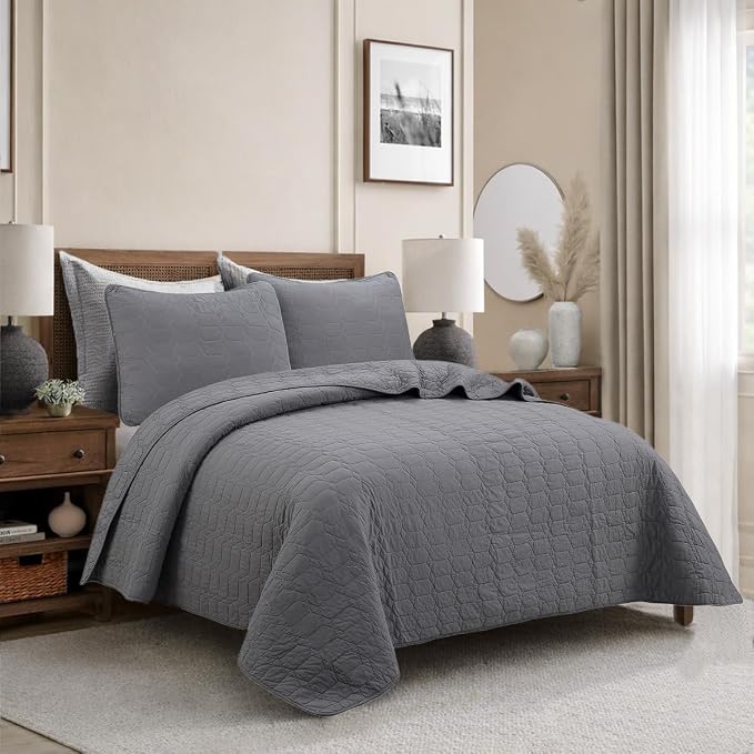 Cozy Line Home Fashions 100% Cotton Quilt Set – 3-Piece Charcoal Gray Solid - Image 2
