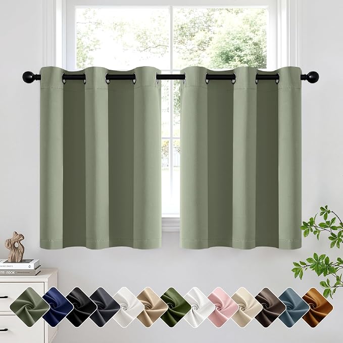 Short Sage Green Half Blackout Curtains W40 x L36 Inch 2 Panels | Thermal by Woaboy