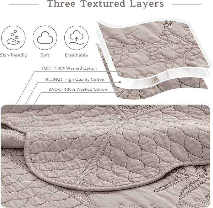 CozyTide Oversized King Bedspread 128x120, Linen Colored Botanical Leaves - Image 4