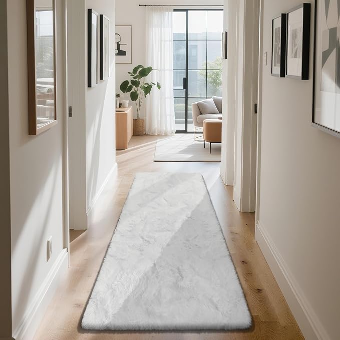 White 2x8 Area Rugs for Bedroom, Fluffy Shag Rug Small Rug Bedside Carpet | - Image 3