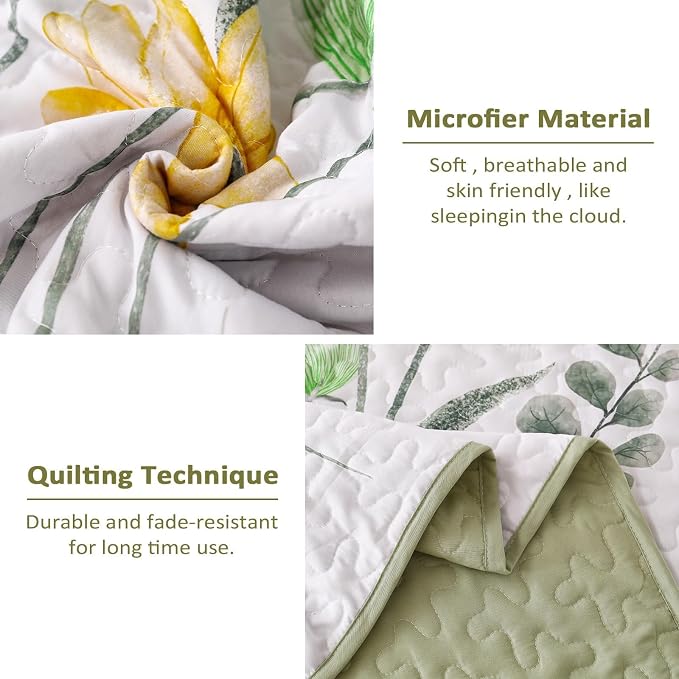 Dinjoy Floral Quilt Set Queen, Fower Plant Bedspread Coverlet Set 3 Pieces | - Image 5