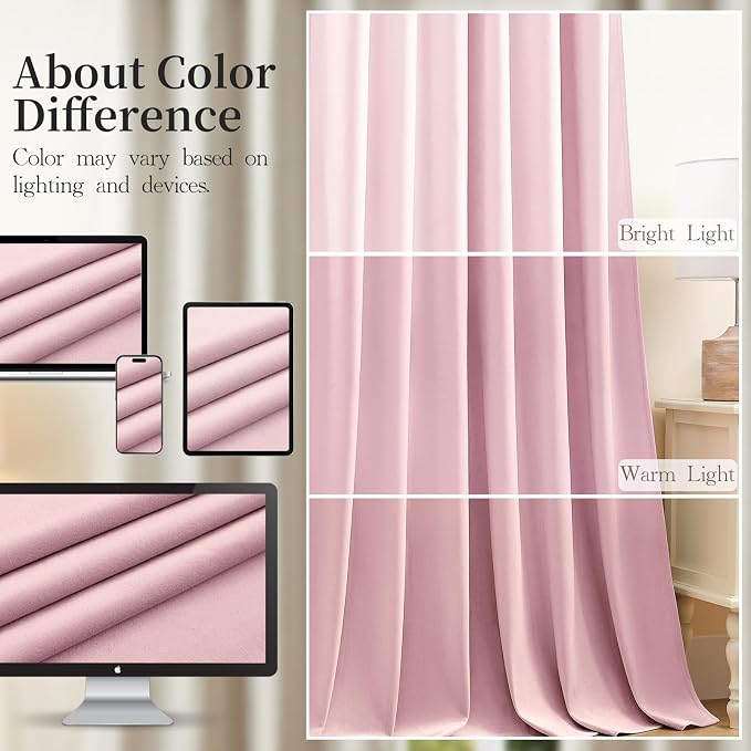 96 Inch Pink Velvet Curtains for Bedroom Back Tab Drapes Thermal Insulated | - Image 9