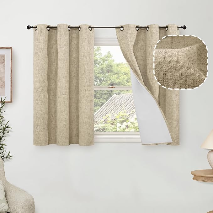 Short Burlap Blackout Curtains 40 Inch Length Each 38 Wide 2 Panels | Thermal by Lajode