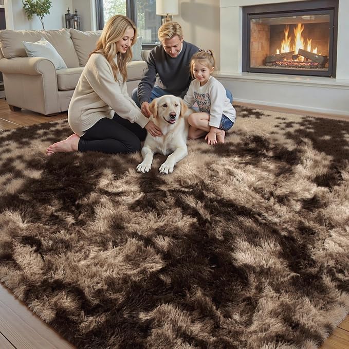 Area Rugs10x14 for Living Room, Dark Coffee Tie-Dyed Large Shaggy Plush Rugs | - Image 3