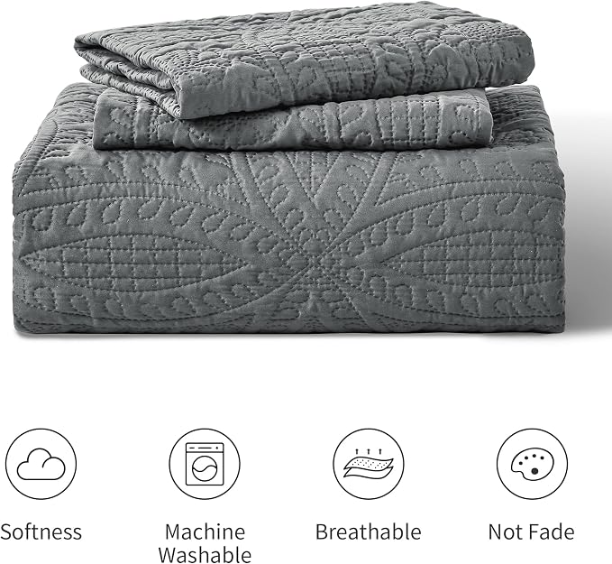 Love's cabin California King Size Quilt Bedding Set Dark Grey Bedspreads - Image 8