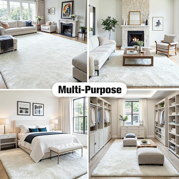 9x12 Fluffy Area Rug for Living Room: Soft Non-Slip White Bedroom Carpet | - Image 9