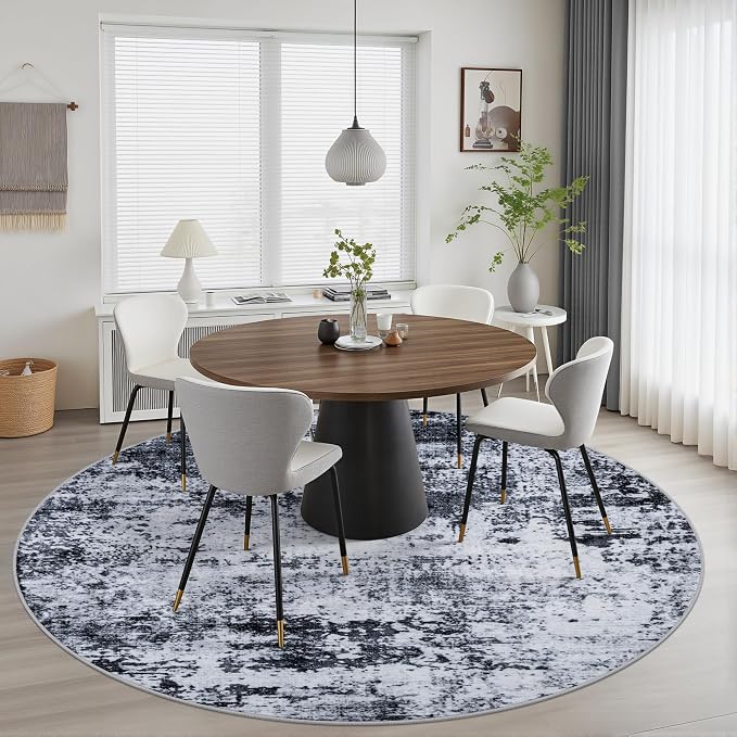 Round Area Rug Living Room: 5 ft Modern Washable Carpet Black | - Image 4