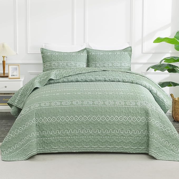 Sage Green King Size Quilt Set, 3 Pieces Boho Striped Bedspread | Soft by Andency