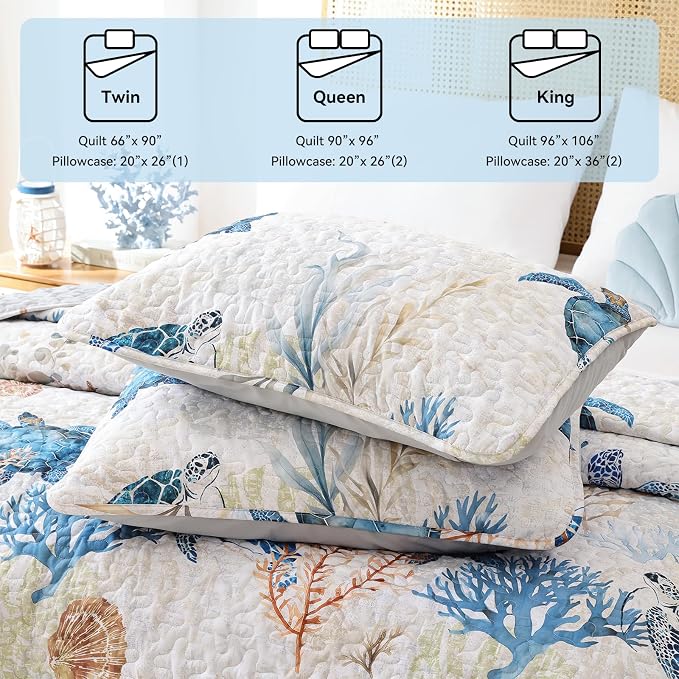 weigelia Coastal Quilt King Size, Sea Turtle Lightweight Summer Bedding | Sea - Image 8