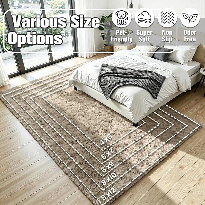 5x8 Fluffy Area Rug for Living Room: Non-Slip Grey Camel Bedroom Carpet | Ultra - Image 9