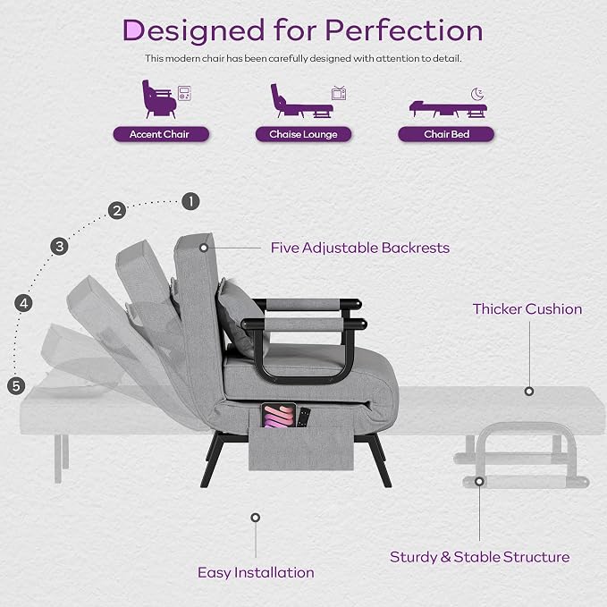 TYBOATLE Sleeper Chair Bed Set of 2, Folding Futon Sofa Bed, Light Grey | Comfy - Image 6