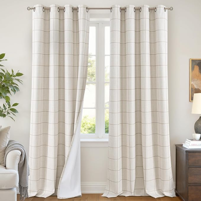 Plaid Blackout Curtains 96 Inch Long, 2 Panels Each 52 Wide, Natural | Linen by Lajode
