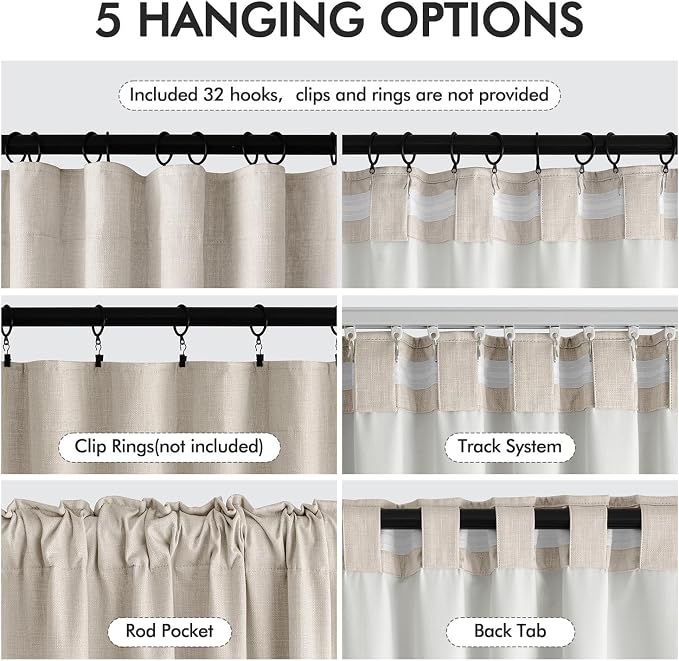 MIULEE 100% Blackout Back Tab Pleat Linen Curtains 50" Wx120 L, Thick Faux Linen - Image 6