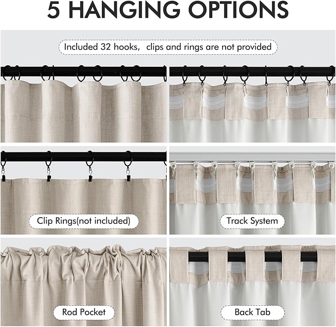 MIULEE 100% Blackout Back Tab Pleat Linen Curtains 50" Wx72 L, Thick Faux Linen - Image 6