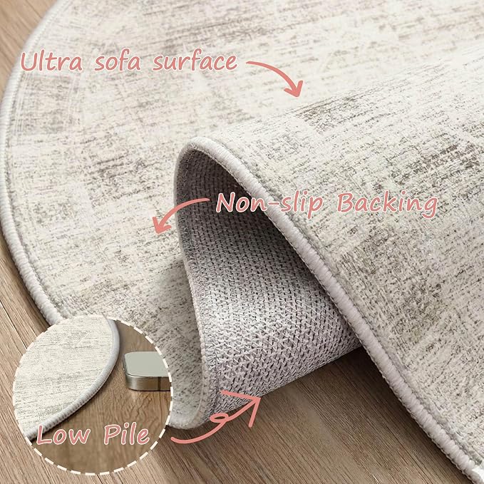 Latte&Fog 4ft Round Area Rug forBedroom Washable Circle Neutral Ivory Rug | Non - Image 6
