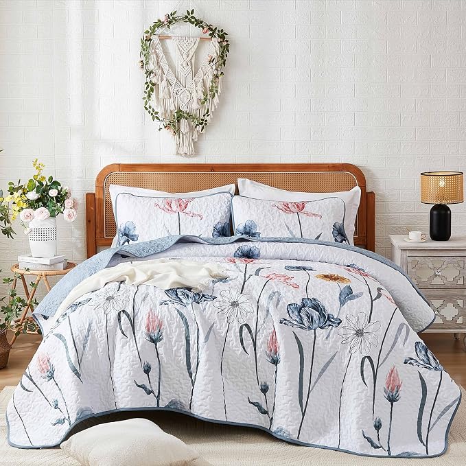 WONGS BEDDING Queen Size Quilt Set, 3-Piece Lightweight Botanical Bedspread | - Image 9