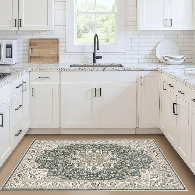 cotiled 3x5 Area Rug for Living Room, Traditional, Vintage Green | Washable - Image 2