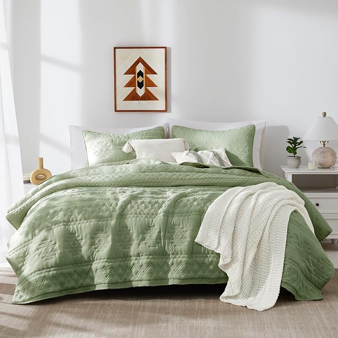 WDCOZY Boho Sage Green Oversized California Cal King Size Quilt Bedding Sets by WDCOZY