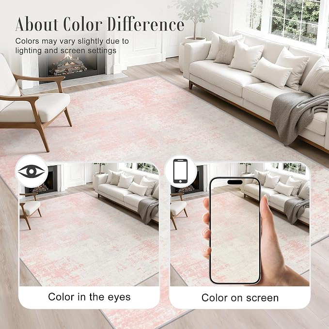 Area Rug Living Room: 3x5 Modern Washable Soft Carpet Pink White | - Image 3