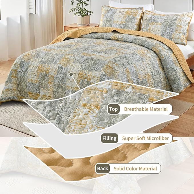 Mybedsoul Yellow Boho Quilt Set Queen Size 3 Pieces Grey and Yellow Plaid - Image 3