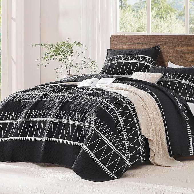 Black California King Quilt Set, 3 Pieces Boho Striped Bedspread | Soft by Andency