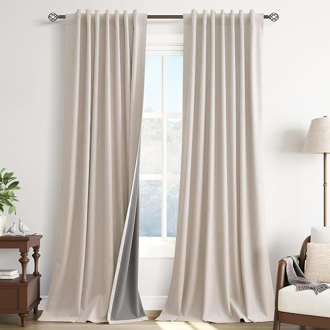 Linen 100% Blackout Curtains for Bedroom 120 Inches Long 2 Panels Set Natural by Guken