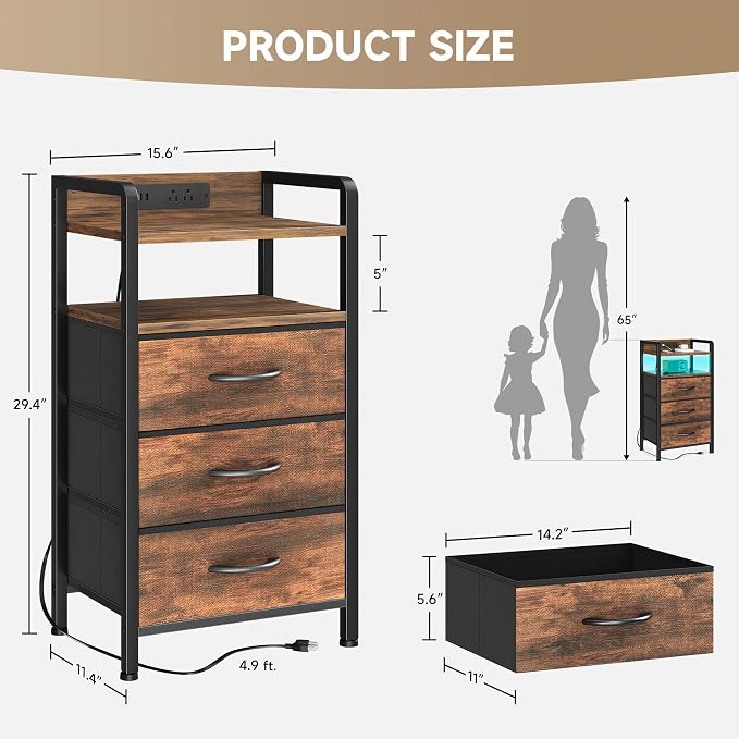 Lazzanto Nightstand with Rear Charging Station, LED Light, 3 Drawers, 2 USB-A - Image 3