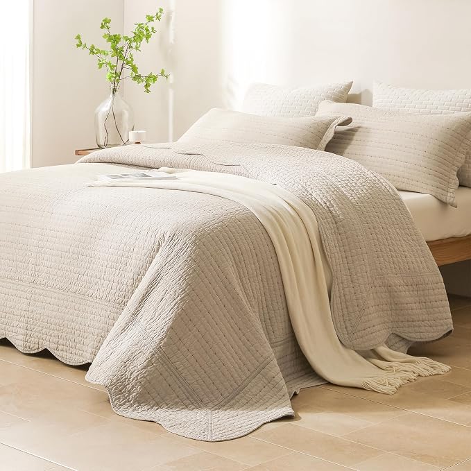 Lady Ann Oversized King Bedspreads 128x120, Linen Colored Ultra Soft Scalloped by LadyAnn