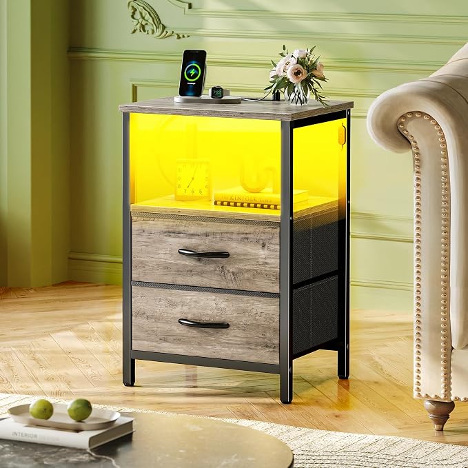 Huuger Night Stand with Charger Station and LED Lights, 2 Drawer Nightstand | - Image 2