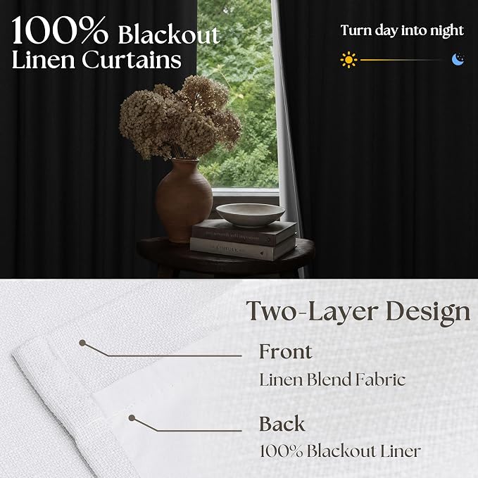 Snow White Pleated Linen 100% Blackout Curtains 108 Inches Long | Pinch Pleat - Image 2